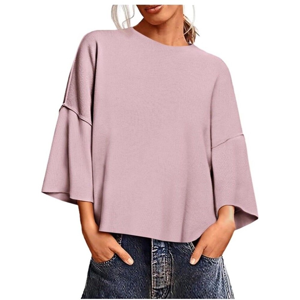 Saodimallsu Oversized Knit Pullover Sweater White Crew Neck Women